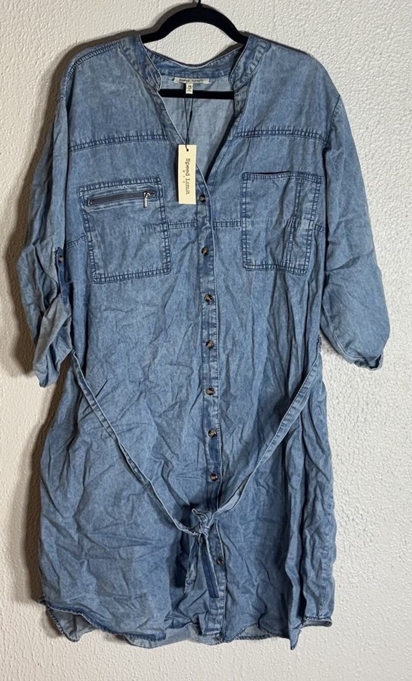 Spread Love! Women's SIZE 16 Blue Denim Shirt Dress Button Front Belted Pockets